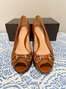 Gucci Tan Leather Peep-Toe Horsebit Heels